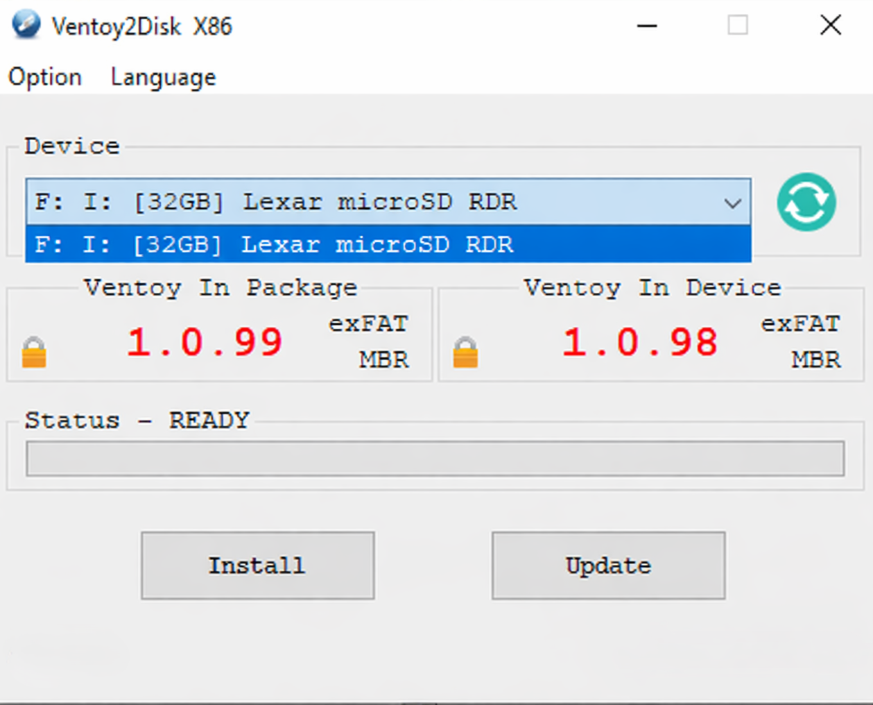 Ventoy2Disk.exe on Windows: device selection, partition style, and install controls